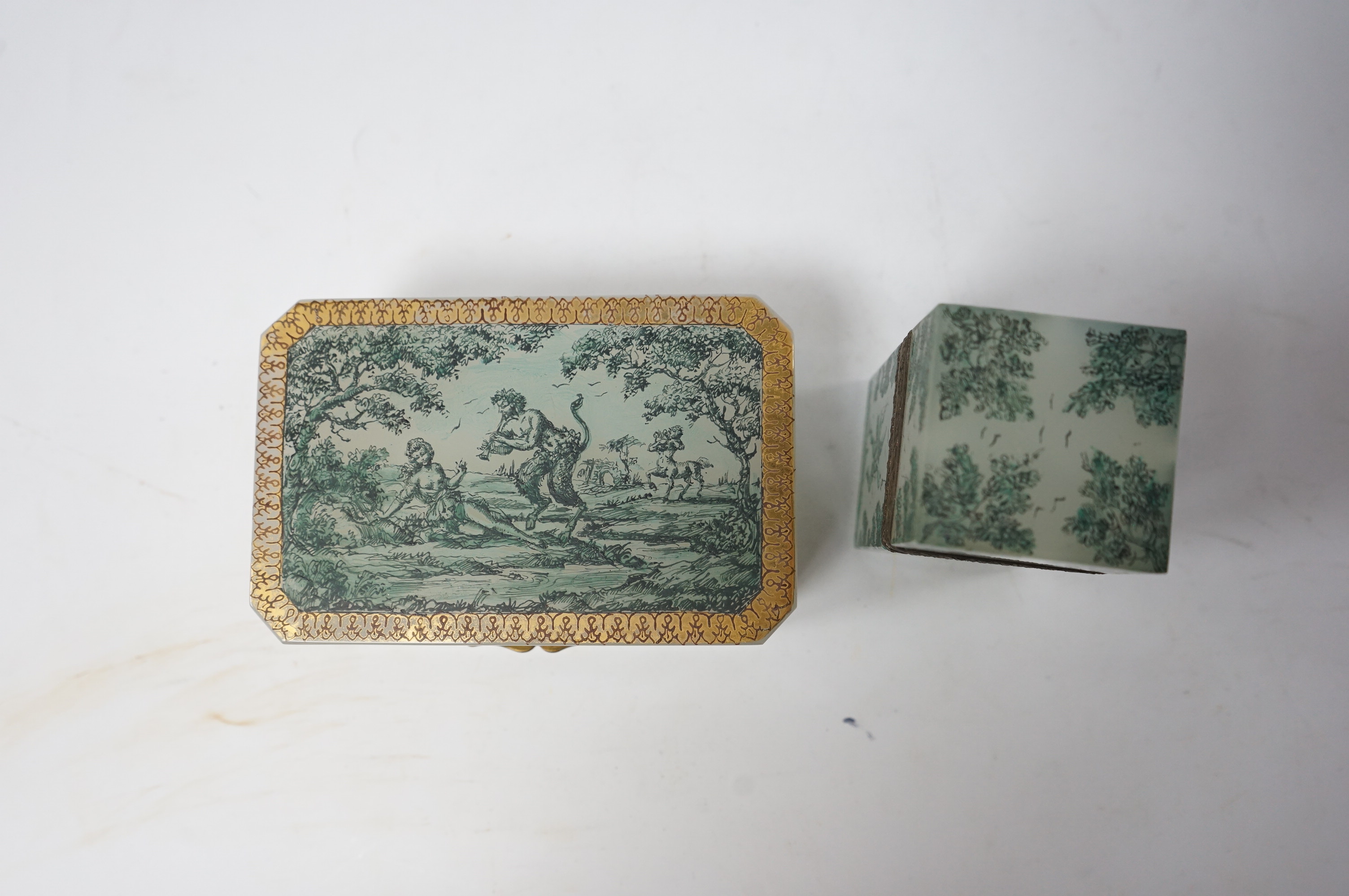 Two 19th century French enamelled opaline glass desk accessory boxes, 13.5cm. Condition - good